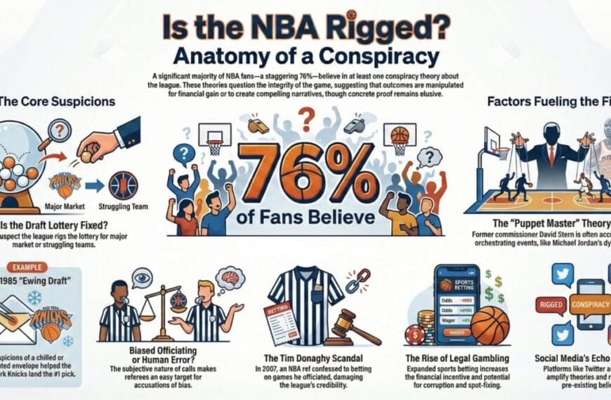 Infographic titled “Is the NBA Rigged?” featuring cartoon graphics about NBA conspiracy theories. Highlights a bold “76% of Fans Believe” statistic, with sections on lottery fixing, biased officiating, gambling scandals, and social media influence.