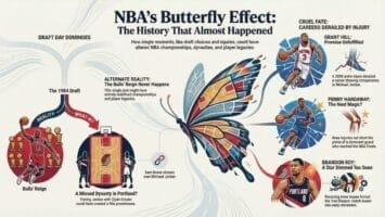 Infographic titled "NBA’s Butterfly Effect: The History That Almost Happened" explores NBA what ifs with a butterfly covered in NBA-themed drawings. It links moments like draft misses, player injuries, and Michael Jordan’s Bulls era with vivid arrows and images.