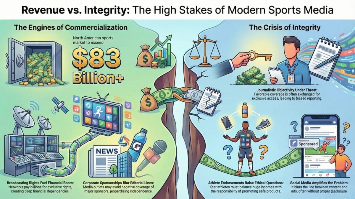 An infographic split in two halves: left shows money, stadiums, and media gear representing the commercialization of sports media, with “$83 Billion+” highlighted. Right shows journalists and athletes tangled in contracts, exposing a crisis of integrity.