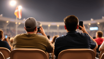 Two people sit in stadium seats, facing away from the camera, each holding up a phone to take photos or record video. The stadium is filled with people, and a flag is visible in the background. The lighting suggests an evening event, possibly a concert or sports game.