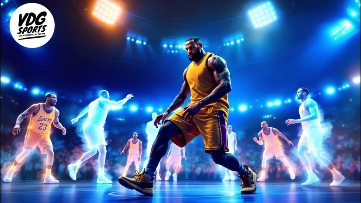 A muscular basketball player in a yellow uniform dribbles on a glowing court under bright stadium lights. Opponents in white appear semi-transparent, emphasizing his dominance. The crowd and vibrant blue lighting create an intense, dramatic atmosphere.