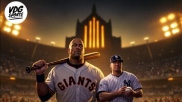 Two baseball players stand in a stadium at night, one wearing a San Francisco Giants jersey holding a bat, the other in a New York Yankees uniform holding a baseball. Stadium lights and a large building illuminate the background. The VDG Sports logo appears in the top left.