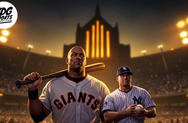 Two baseball players stand in a stadium at night, one wearing a San Francisco Giants jersey holding a bat, the other in a New York Yankees uniform holding a baseball. Stadium lights and a large building illuminate the background. The VDG Sports logo appears in the top left.