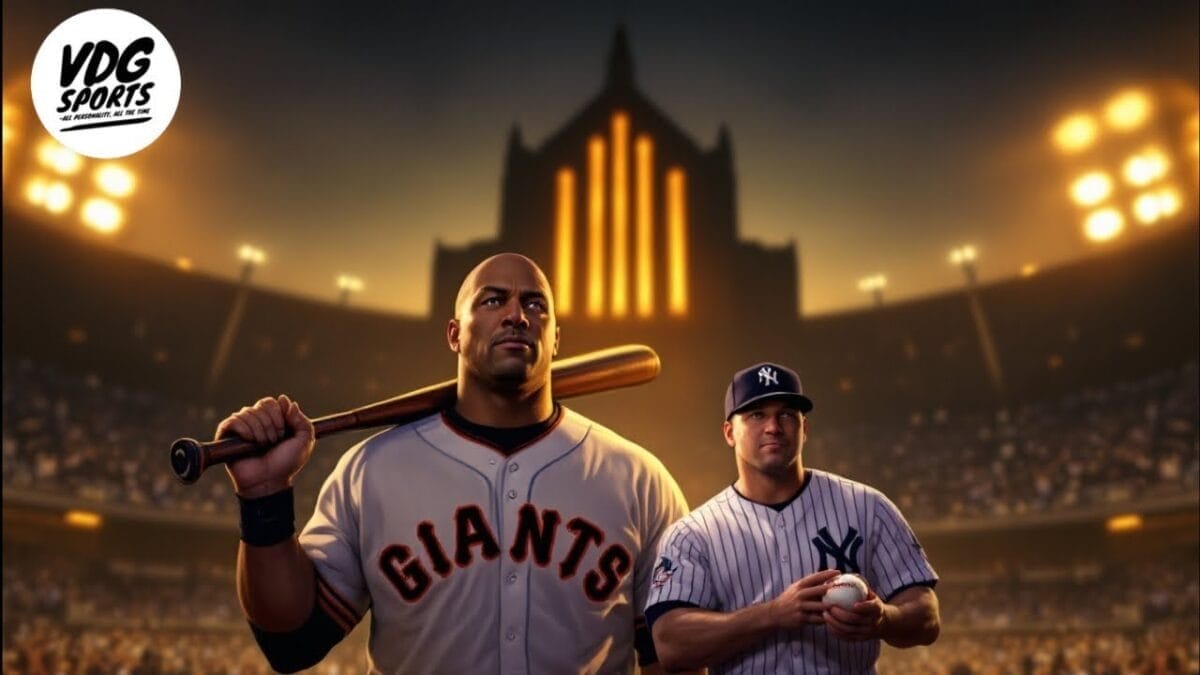 Two baseball players stand in a stadium at night, one wearing a San Francisco Giants jersey holding a bat, the other in a New York Yankees uniform holding a baseball. Stadium lights and a large building illuminate the background. The VDG Sports logo appears in the top left.