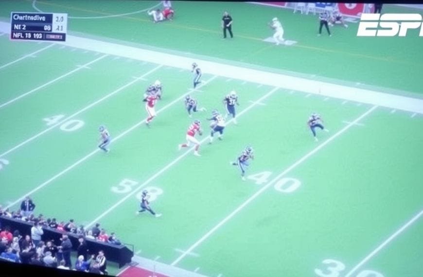 A televised football game screenshot showing a player in red running with the ball past the 40-yard line, pursued by several players in dark uniforms. The ESPN logo is in the upper right corner, and a score graphic is in the top left. Spectators are visible at the bottom.