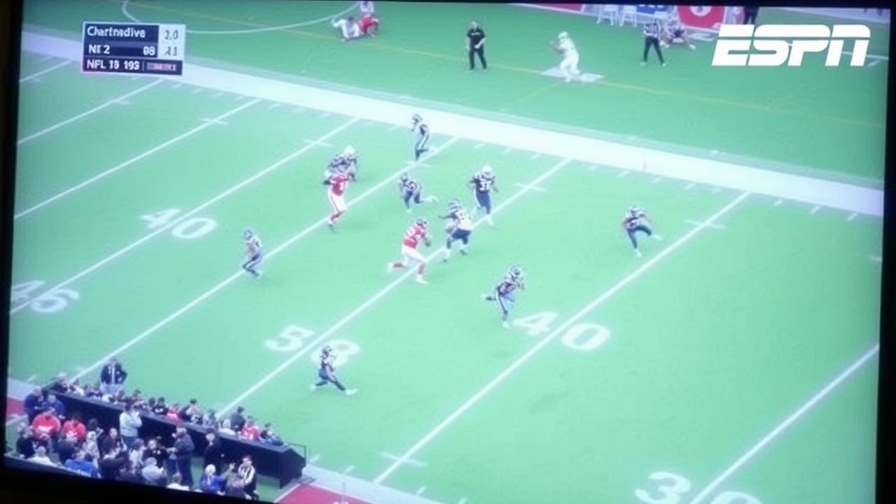 A televised football game screenshot showing a player in red running with the ball past the 40-yard line, pursued by several players in dark uniforms. The ESPN logo is in the upper right corner, and a score graphic is in the top left. Spectators are visible at the bottom.