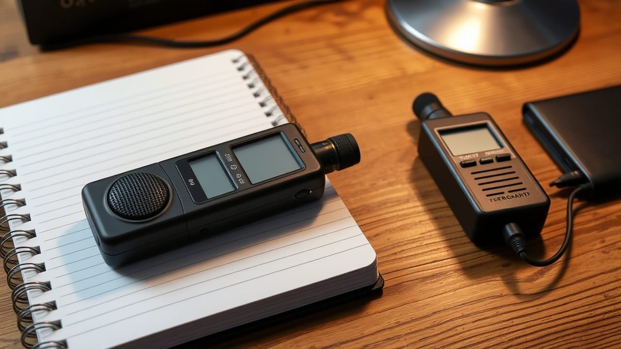 A spiral notebook lies open on a wooden desk, ready for investigative journalism. On top are two black digital voice recorders with screens and buttons. Nearby are a closed wallet and a lamp base, all lit by warm ambient light.
