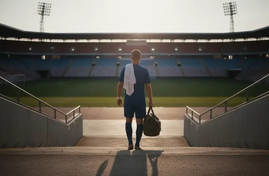 A soccer player in blue kit stands on stadium steps at sunset, facing an empty field. He holds a sports bag and white towel, with long shadows behind him—reminding us to respect sports and do not hate the sport players who give their all.