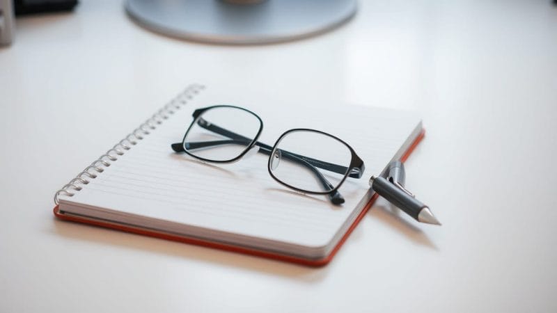 A notebook, glasses, and a pen lie on a clean desk under soft light