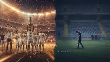A stadium is split in two: on the left, a jubilant soccer team in white uniforms lifts a trophy amid confetti and cheering fans; on the right, a lone player, like after Barcelona's decline, walks dejectedly on a deserted, rainy field.