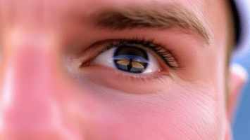 A close-up of a person's eye, showing fine skin texture and eyebrow detail. Reflected in the eye is a clear image of a butterfly with its wings open, creating a sharp focal point within the eye's iris. The overall lighting is bright and natural.