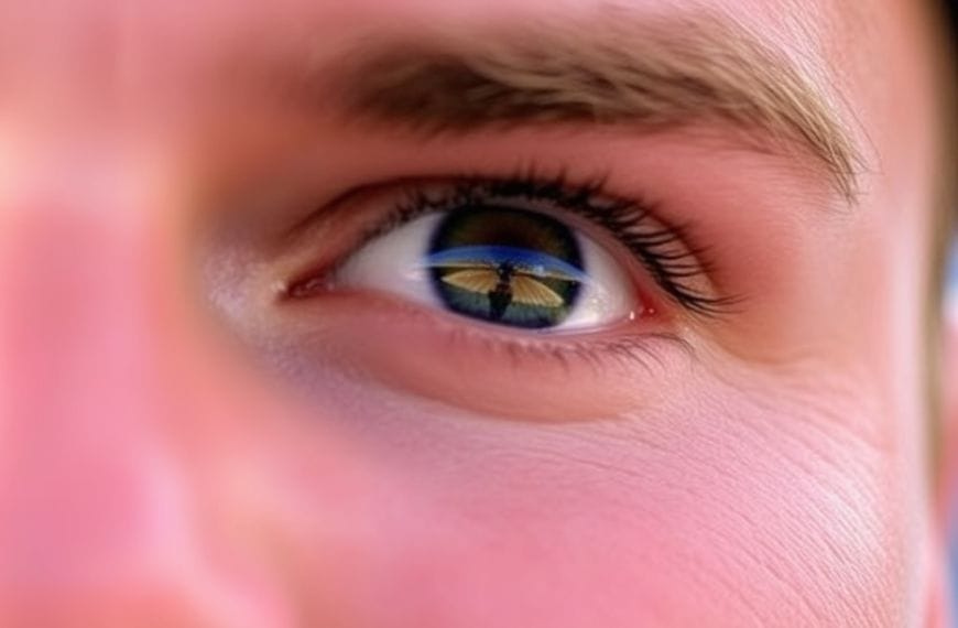 A close-up of a person's eye, showing fine skin texture and eyebrow detail. Reflected in the eye is a clear image of a butterfly with its wings open, creating a sharp focal point within the eye's iris. The overall lighting is bright and natural.
