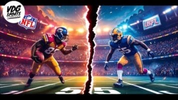 Two American football players face off on a split field. The left wears a red and yellow NFL uniform, holding a football, while the right wears a blue USFL uniform. Stadium lights shine, and NFL and USFL logos appear above each player. The field is divided by a jagged line.