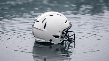 A white football helmet with a black facemask floats on calm water, creating circular ripples—a striking image that reflects how Sports PR shapes media narratives. The blurred, gray background adds to the moody, overcast atmosphere.