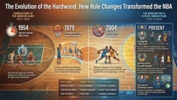 Infographic highlighting NBA rule changes: 1954’s 24-second shot clock, 1979’s three-point line, 2004 ban on hand check, plus present and future adaptations. Player illustrations showcase each rule era and key impacts on gameplay.