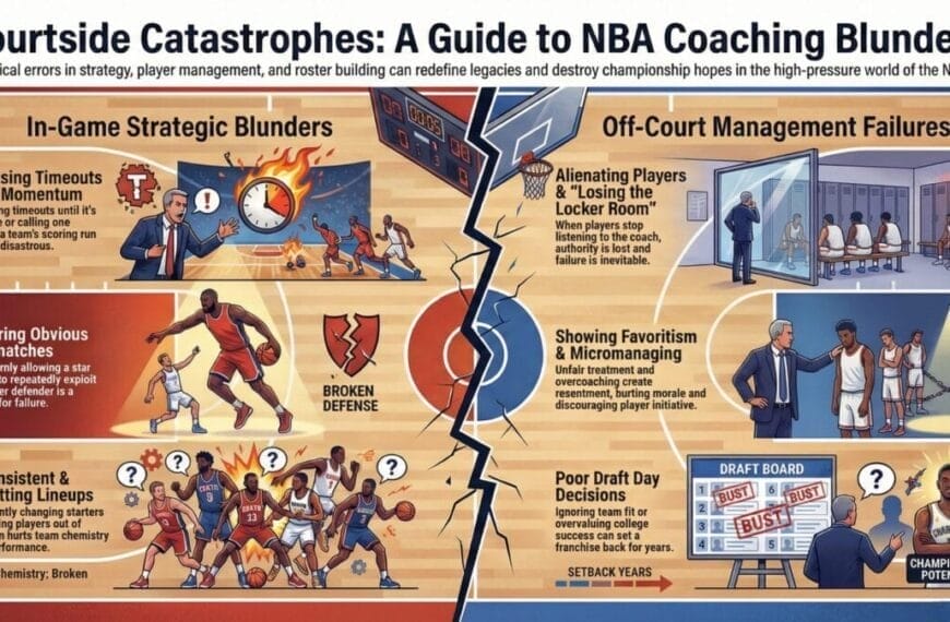 An infographic titled “Courtside Catastrophes: A Guide to NBA Coaching Blunders” spotlights infamous NBA coaching blunders, with sections on in-game mishaps and off-court failures, all illustrated with engaging sports visuals.