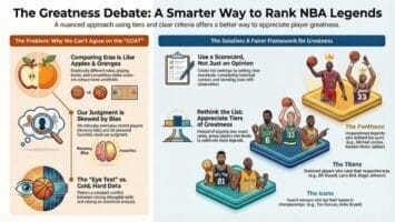 Infographic explaining NBA greatness debates and NBA all-time lists; left shows problems (bias, unfair comparisons), right offers tier-based solutions. Illustrated icons, charts, and players suggest nuanced rankings like the Pantheon, Titans, and Icons.