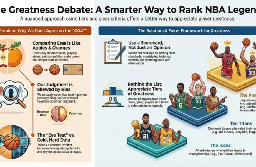 Infographic explaining NBA greatness debates and NBA all-time lists; left shows problems (bias, unfair comparisons), right offers tier-based solutions. Illustrated icons, charts, and players suggest nuanced rankings like the Pantheon, Titans, and Icons.