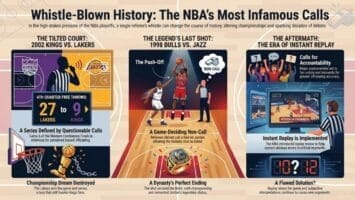 Infographic highlighting NBA controversial calls: Left, 2002 Kings vs. Lakers with a referee and skewed free throw stats; center, Michael Jordan’s push-off in 1998 Bulls vs. Jazz; right, digital review screen showing instant replay’s impact on game decisions.