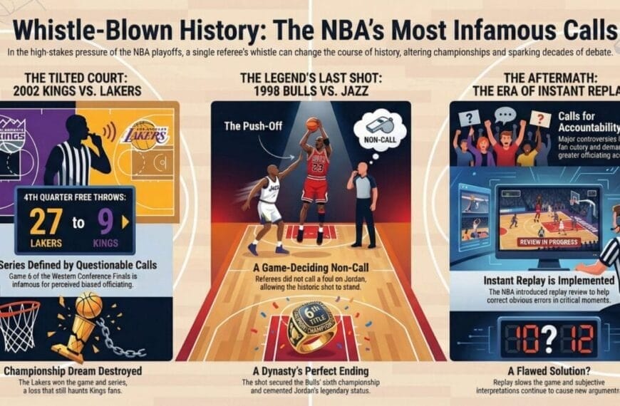 Infographic highlighting NBA controversial calls: Left, 2002 Kings vs. Lakers with a referee and skewed free throw stats; center, Michael Jordan’s push-off in 1998 Bulls vs. Jazz; right, digital review screen showing instant replay’s impact on game decisions.