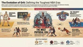 Infographic showing the evolution of grit in the NBA, highlighting the toughest NBA eras: from physicality in the 1950s-70s, through the brutal “Bad Boys” era, to today’s finesse. Features icons, stats, player illustrations, and era shifts.
