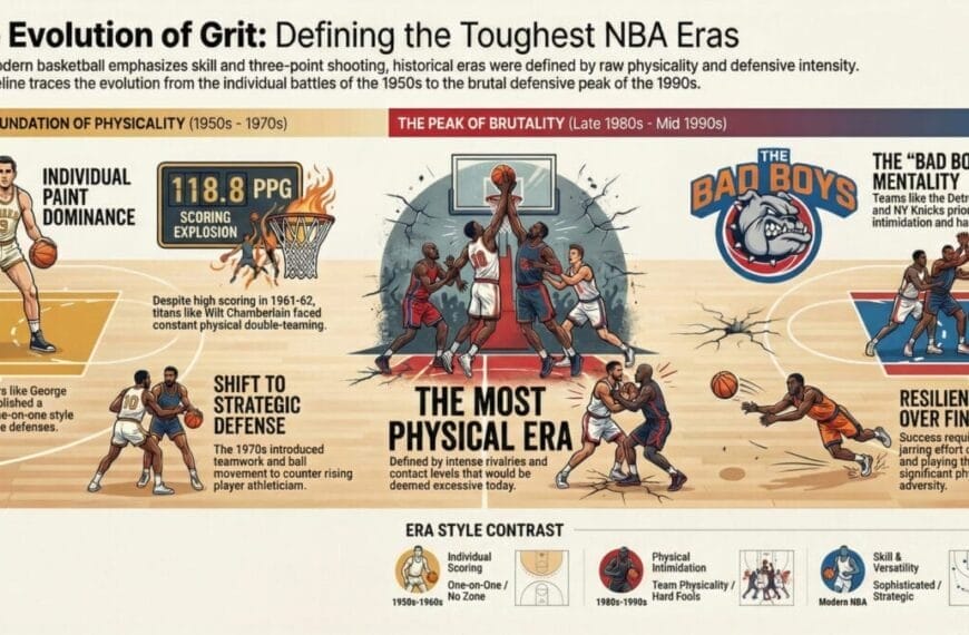 Infographic showing the evolution of grit in the NBA, highlighting the toughest NBA eras: from physicality in the 1950s-70s, through the brutal “Bad Boys” era, to today’s finesse. Features icons, stats, player illustrations, and era shifts.