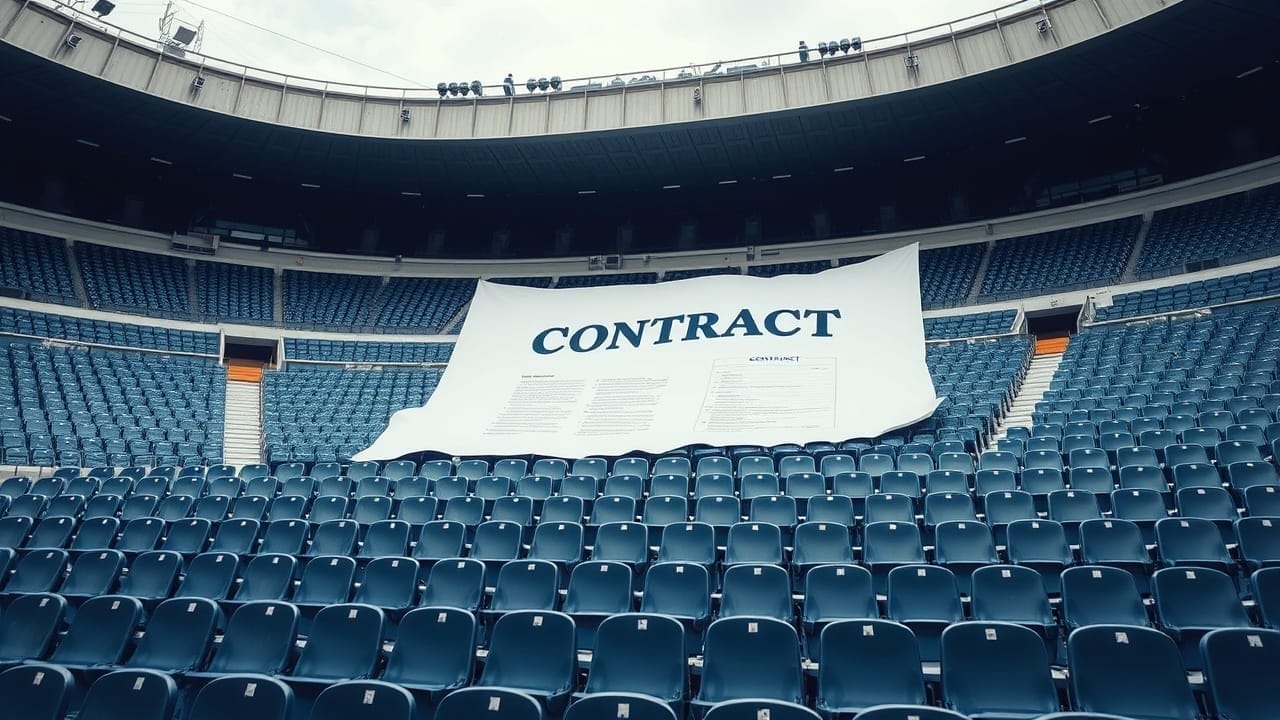 A large white sheet printed with the word “CONTRACT” and small text lies draped over rows of empty blue seats in a stadium, creating the illusion of an oversized contract document—a visual nod to sports owners' power—in an otherwise vacant arena.