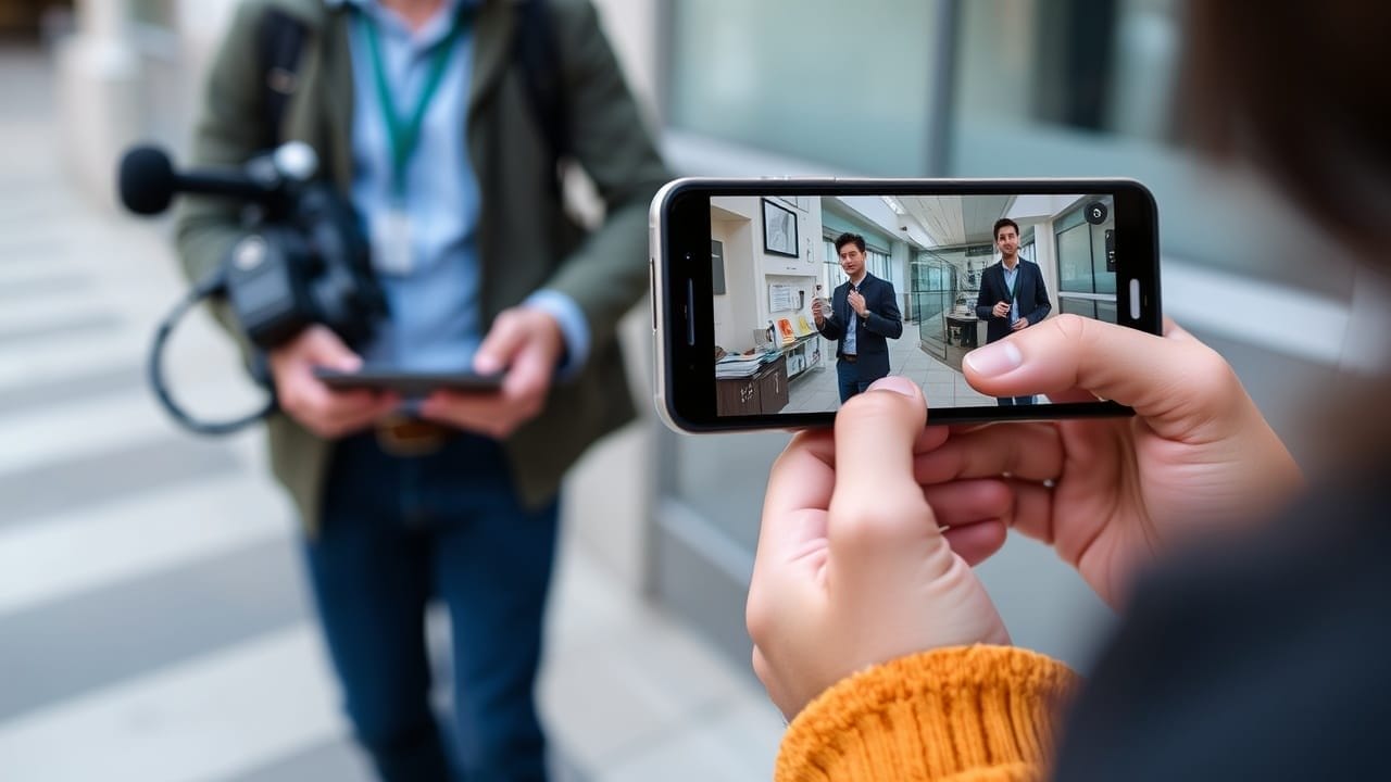 A person holds a smartphone, filming a man in a suit speaking indoors, while another records with a video camera and tablet—capturing how media trends in sports media coverage have evolved from 1995 to now in a modern hallway interview setting.