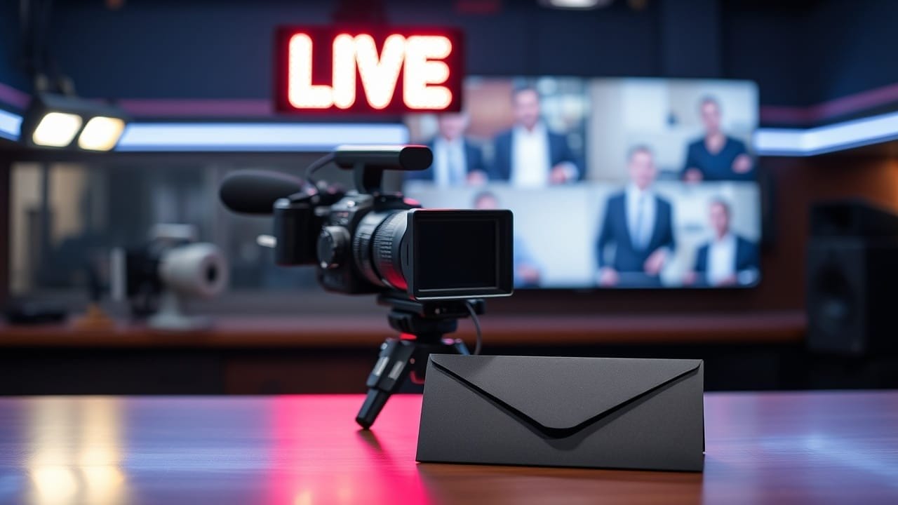 A professional video camera sits on a desk with a black envelope in front of it. In the background, a lit red "LIVE" sign glows above blurred monitors showing people in a video conference. The setting appears to be a broadcast studio.