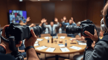 Two photographers with cameras focus on a conference table where people raise their hands during heated sports debates. Papers and bottles are on the table, and a screen with participants is visible in the background, creating a professional atmosphere.