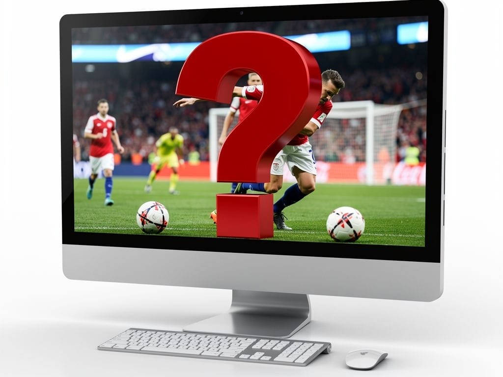 A desktop computer displays a soccer match with players in red and white uniforms on a field. A large red 3D question mark is superimposed over the game. A wireless keyboard and mouse are in front of the monitor.