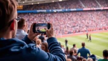 A person in a blue jacket holds up a smartphone, capturing sports narratives of a crowded stadium during a soccer match. The stands are full of spectators, and the vibrant field is visible in the background.