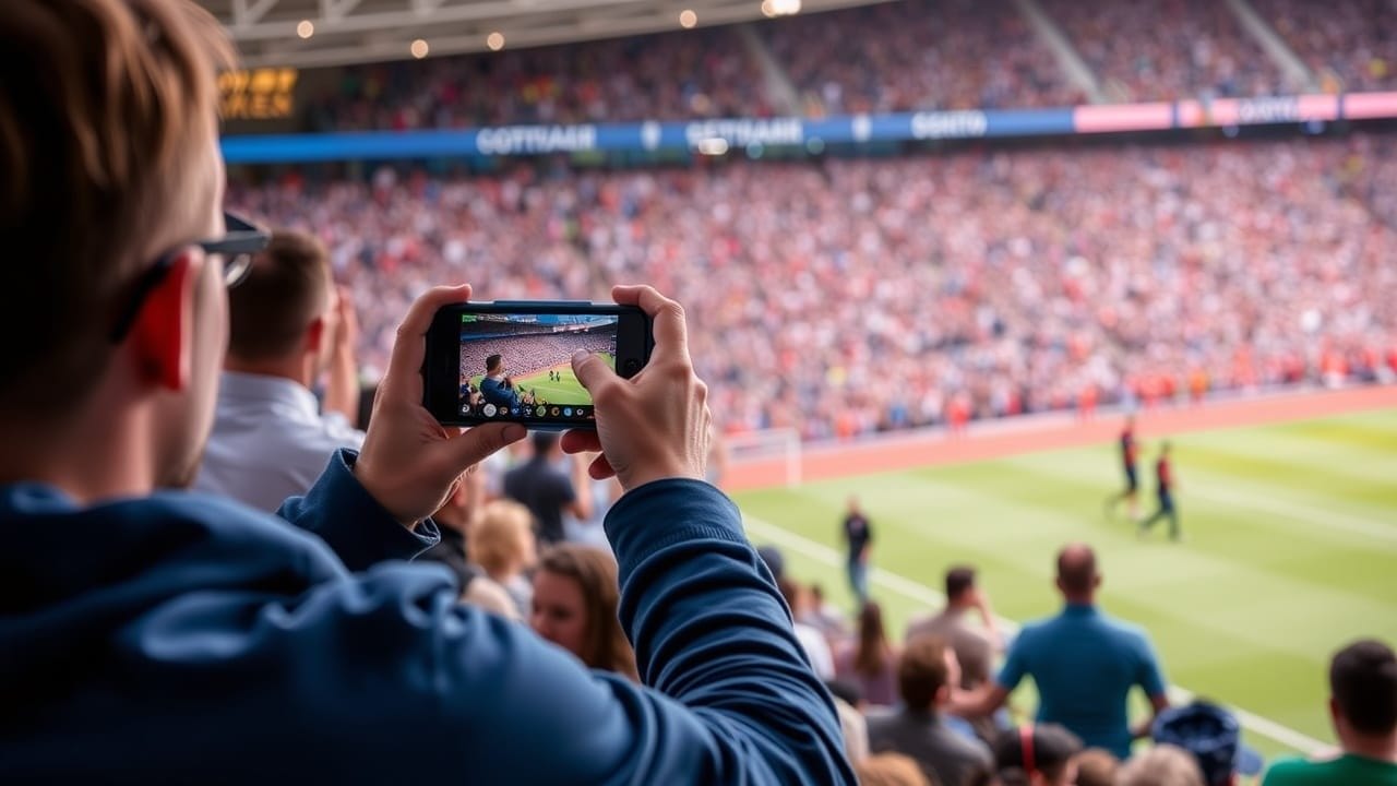 A person in a blue jacket holds up a smartphone, capturing sports narratives of a crowded stadium during a soccer match. The stands are full of spectators, and the vibrant field is visible in the background.
