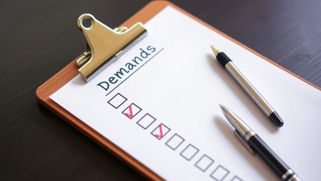 A clipboard holds a sheet of paper titled "Demands," resembling a sports relocation threat playbook, with checkboxes—two checked in red. A black pen and silver pen rest nearby on the dark wooden surface.