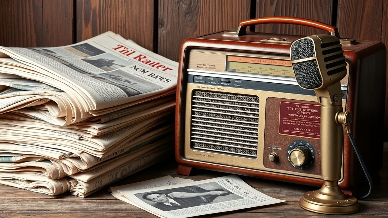 A vintage radio and classic microphone sit on a wooden table next to newspapers, evoking a nostalgic atmosphere. Headlines hint at the evolution of sports commentary through the decades, set against a backdrop of rustic wooden planks.