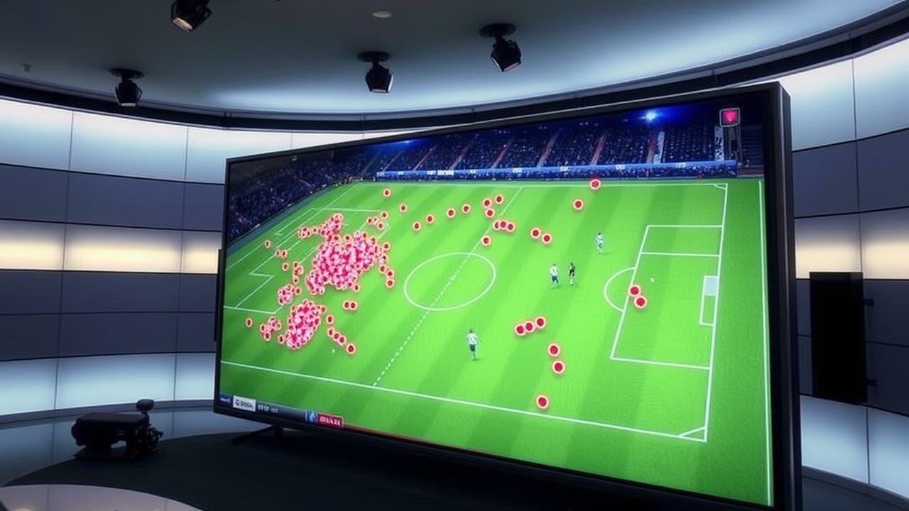 A large screen displays a soccer field graphic with numerous red dots showing player movements concentrated on the left side. The modern room, with curved walls and ceiling lights, suggests a data analytics sports media studio.