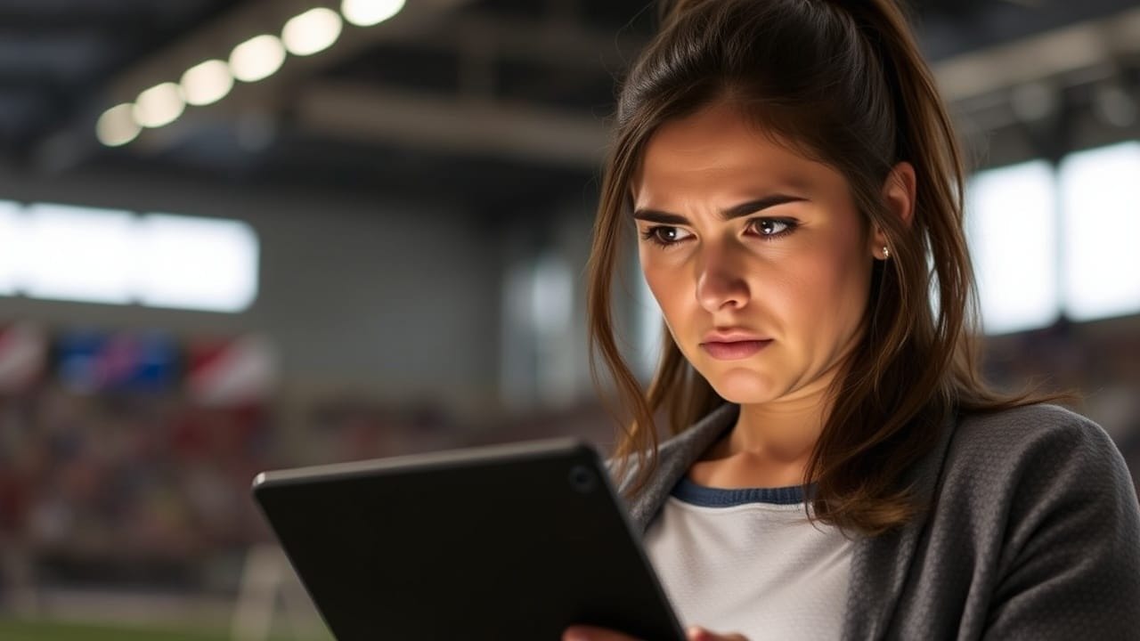 A young woman with brown hair looks at a tablet with a concerned expression. She stands indoors under bright lights, with a blurred background that suggests a large public space or sports venue. She wears a casual top and cardigan.