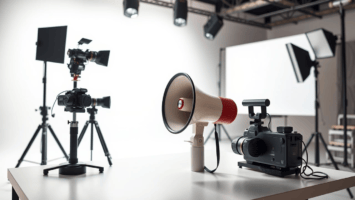 A photography studio setup features cameras on tripods, a megaphone, and a video camera on a table in the foreground—perhaps ready to capture the next hot take industrial complex moment. Studio lights and large white backdrops ensure a professional, well-lit environment.
