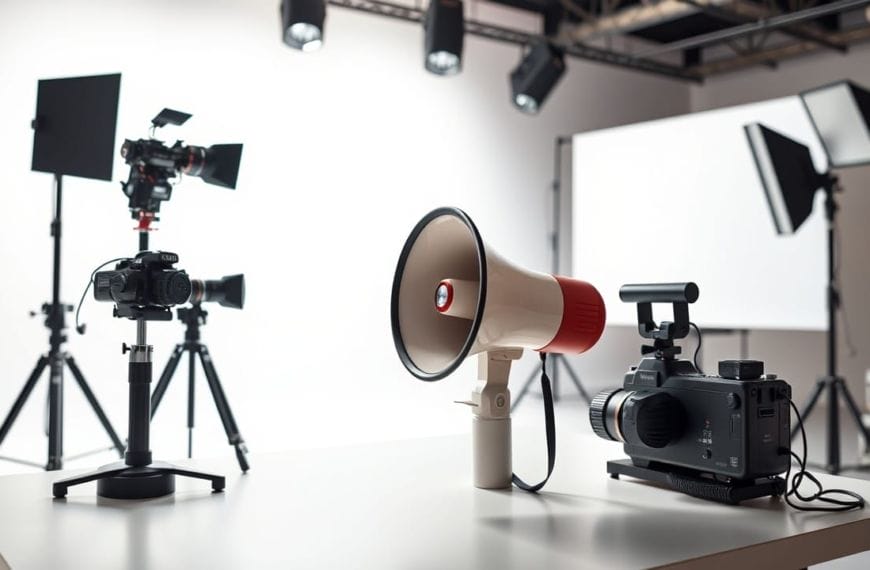 A photography studio setup features cameras on tripods, a megaphone, and a video camera on a table in the foreground—perhaps ready to capture the next hot take industrial complex moment. Studio lights and large white backdrops ensure a professional, well-lit environment.
