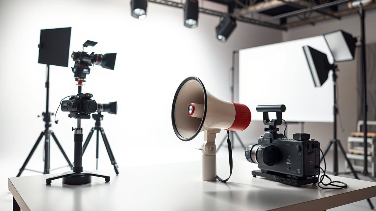 A photography studio setup features cameras on tripods, a megaphone, and a video camera on a table in the foreground—perhaps ready to capture the next hot take industrial complex moment. Studio lights and large white backdrops ensure a professional, well-lit environment.