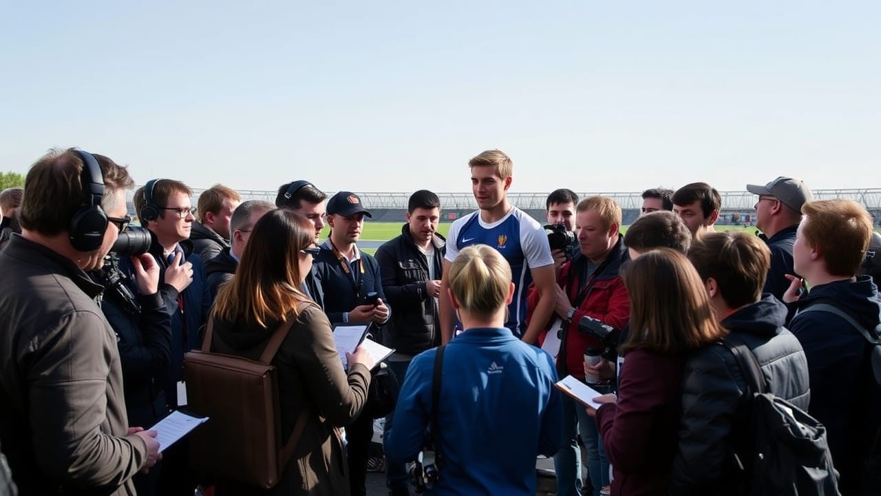 A male athlete in a sports shirt stands outdoors, surrounded by journalists with notepads, microphones, and cameras, engaging in an athlete-media relations interview. The clear sky and sports field structure form the backdrop.