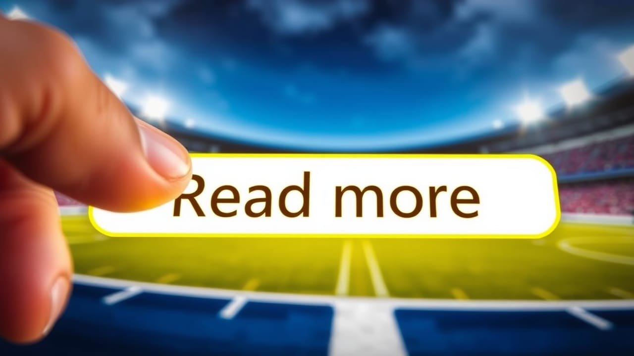 A close-up of a hand pressing a glowing yellow "Read more" button, with a blurred stadium in the background. The focus hints at click-bait tactics often seen in sports coverage and social media algorithms, enticing viewers to discover more.