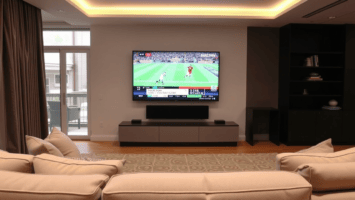 A modern living room with beige sofas faces a large wall-mounted TV showing a soccer match—perhaps on ESPN, which has been losing viewers. Below the TV is a console with speakers, sliding glass doors bring in light, and built-in black shelves line the right side.