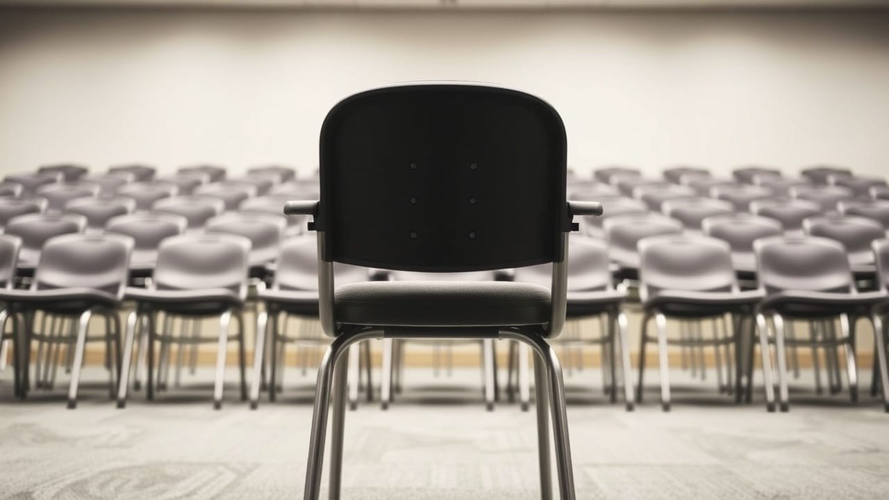 A black chair is positioned in the foreground, facing rows of identical chairs in a brightly lit lecture hall—an ideal space for discussions on the sports insider ecosystem. The quiet, carpeted room feels ready for insightful conversations.