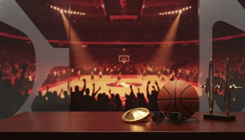 Cinematic illustration of a luxury celebrity ownership concept for an NBA team inside a modern arena, featuring a gold ownership badge and basketball with no text.