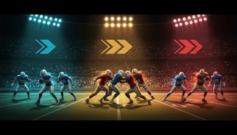 A cinematic NFL-style scene showing three glowing possession zones on a football field to represent a momentum-based points system, with players in mid-action and no text.