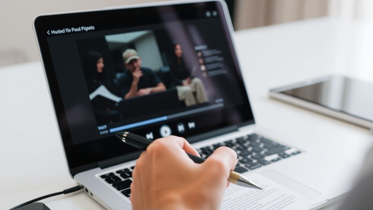 A person holds a pen above a notebook while watching a video on a laptop. The screen shows three people in discussion, and playback controls are visible. The setting appears to be a workspace with a tablet and documents on the white desk.
