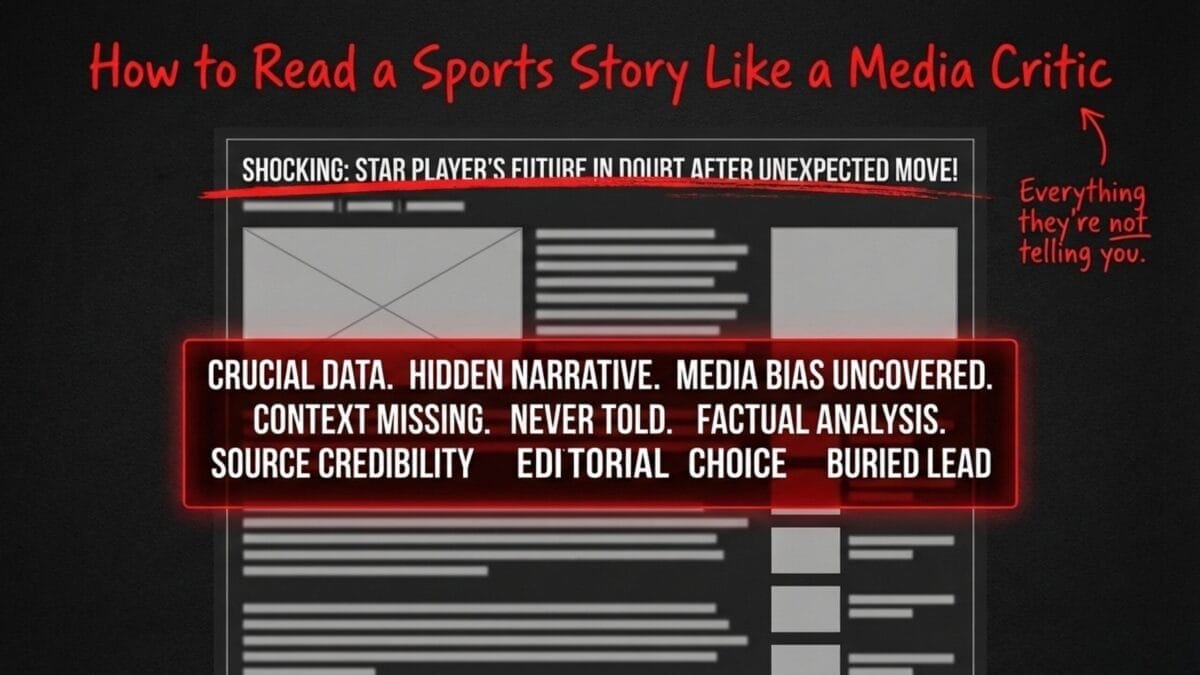 A graphic titled "How to Read a Sports Story Like a Media Critic" highlights a bold sports headline and emphasizes key sports media criticism points: crucial data, hidden narrative, media bias, missing context, factual analysis, source credibility, editorial choice, and buried lead.