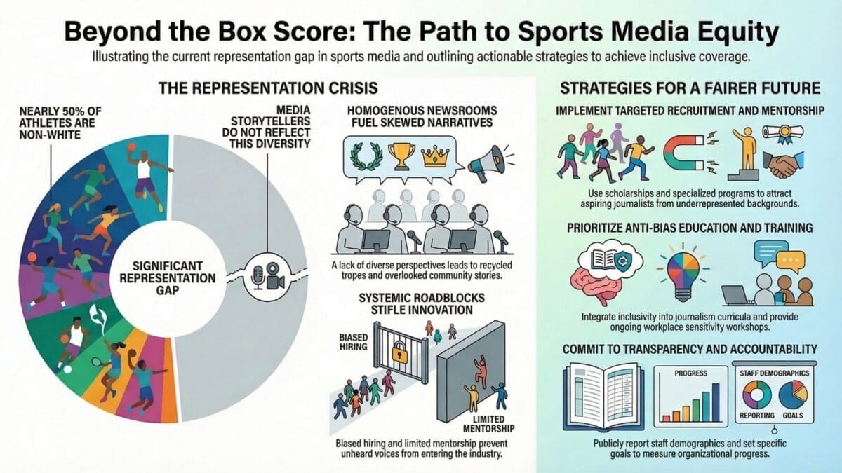 Infographic titled "Beyond the Box Score: The Path to Sports Media Equity" features a pie chart on the diversity sports media gap, highlights causes, and proposes mentorship, inclusive hiring, and outreach for fairer coverage.