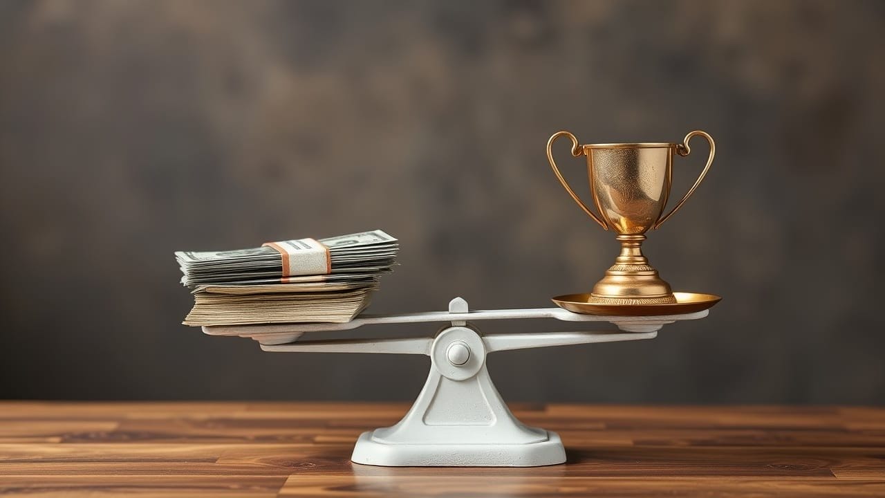 A stack of cash and a gold trophy are balanced on opposite sides of a white scale, set on a wooden surface with a brown blurred background, symbolizing the comparison between salary cap structural flaws and true achievement or value.